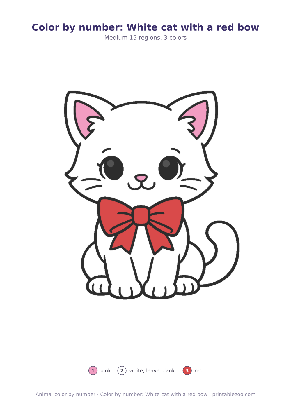 Color by number: White cat with a red bow