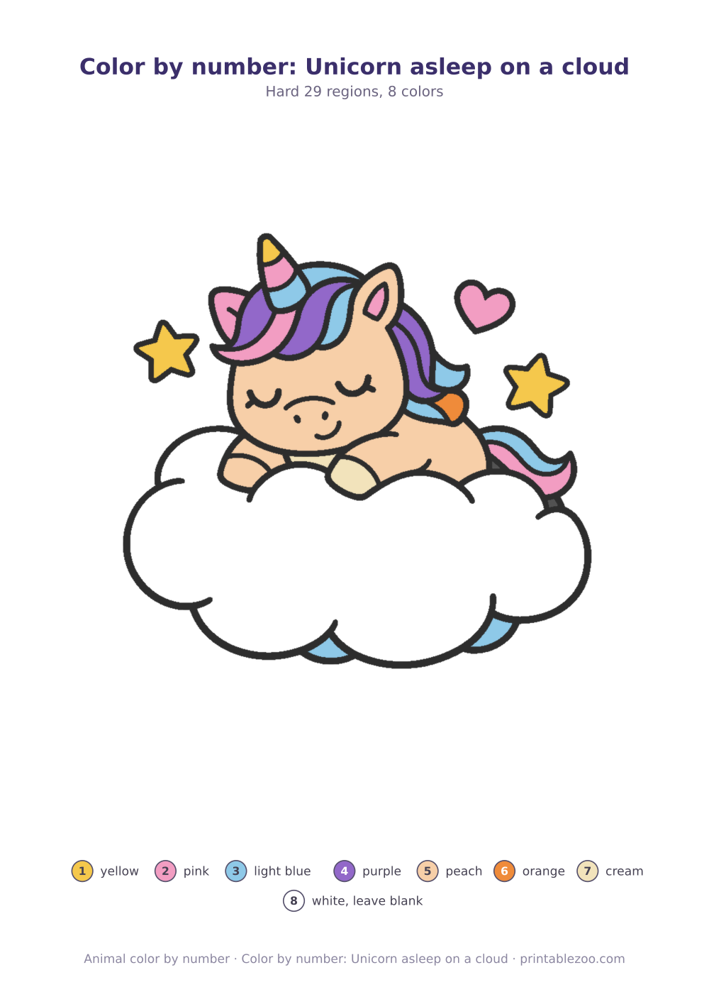 Color by number: Unicorn asleep on a cloud