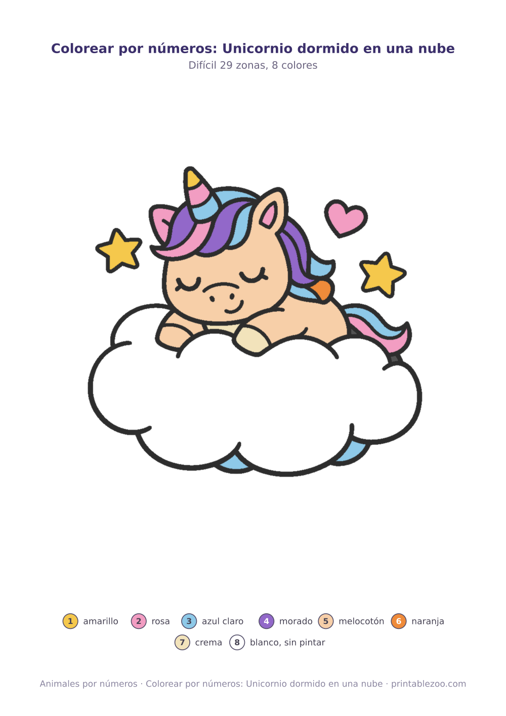 Colorear por números: Unicornio dormido en una nube