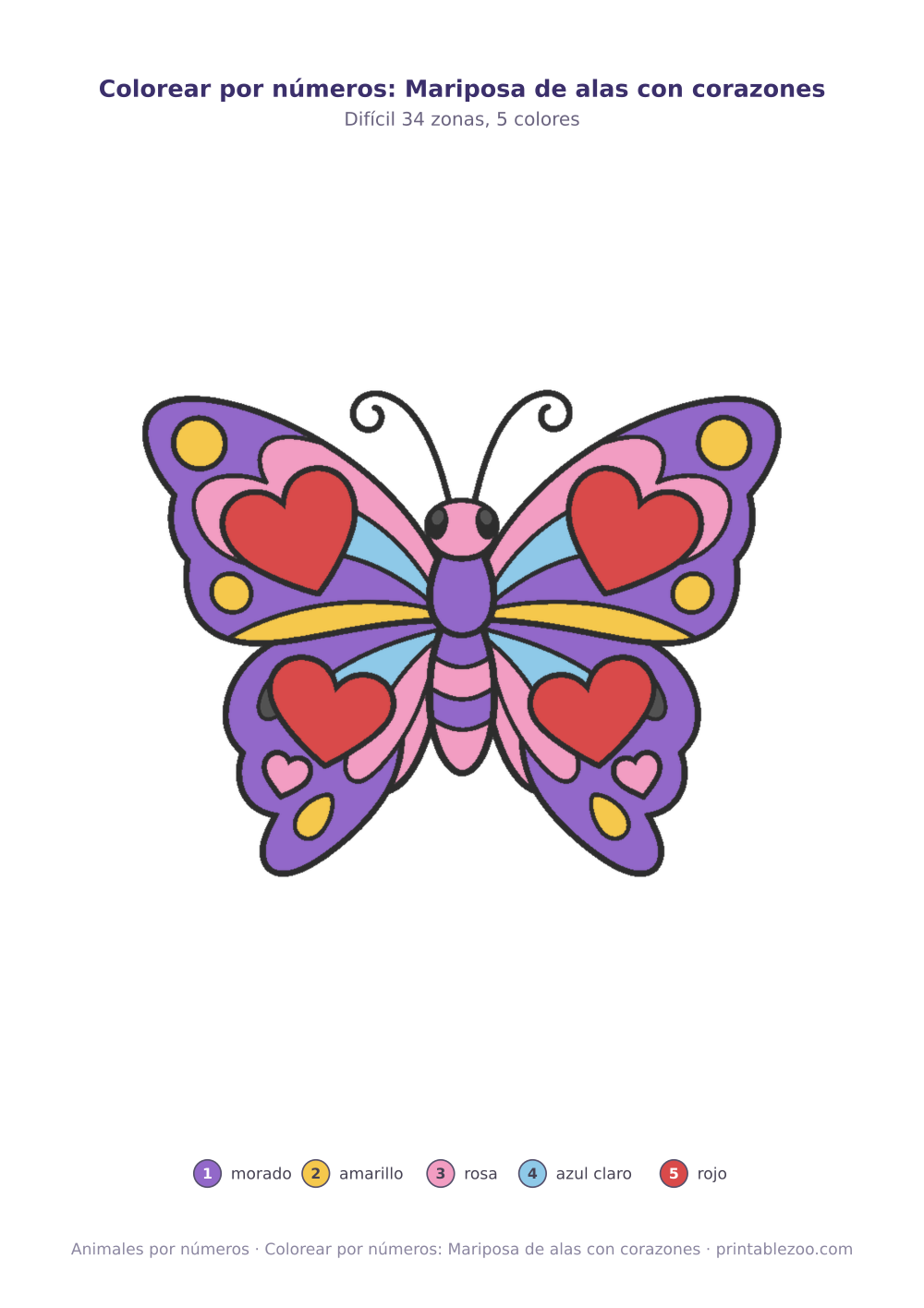 Colorear por números: Mariposa de alas con corazones