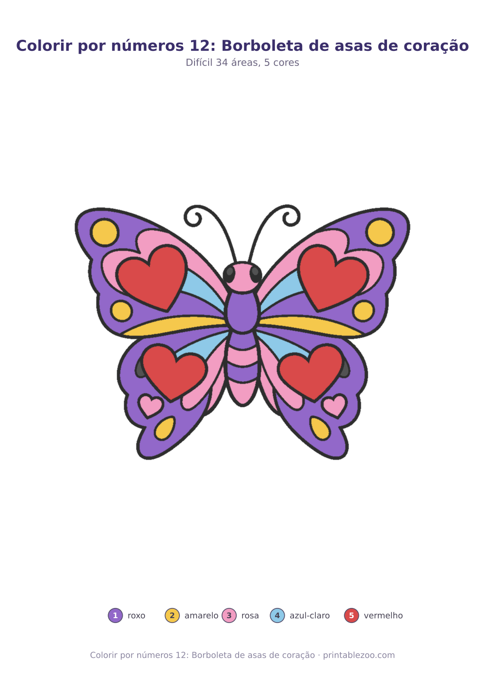 Prévia pronta para imprimir: Colorir por números 12: Borboleta de asas de coração, catálogo nº 274304