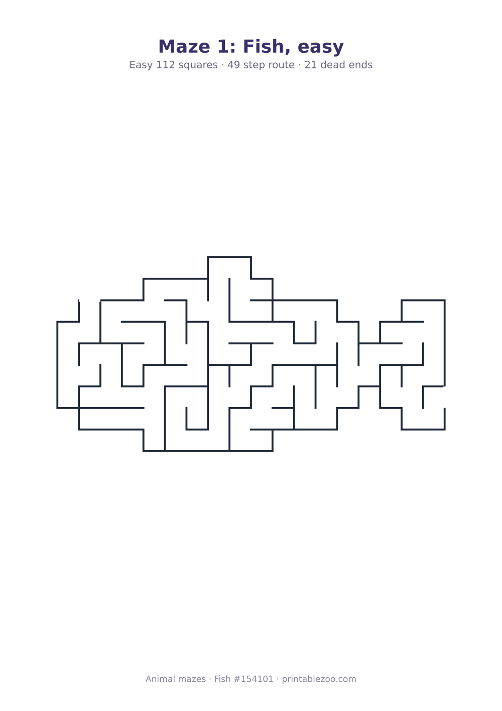 Printable fish shaped maze, 112 squares and 21 dead ends, puzzle 154101