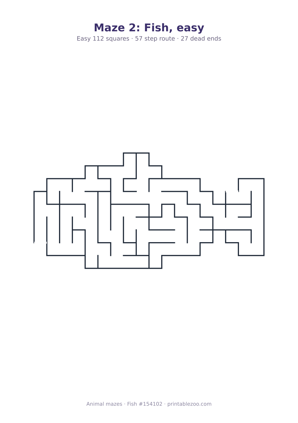 Printable fish shaped maze, 112 squares and 27 dead ends, puzzle 154102