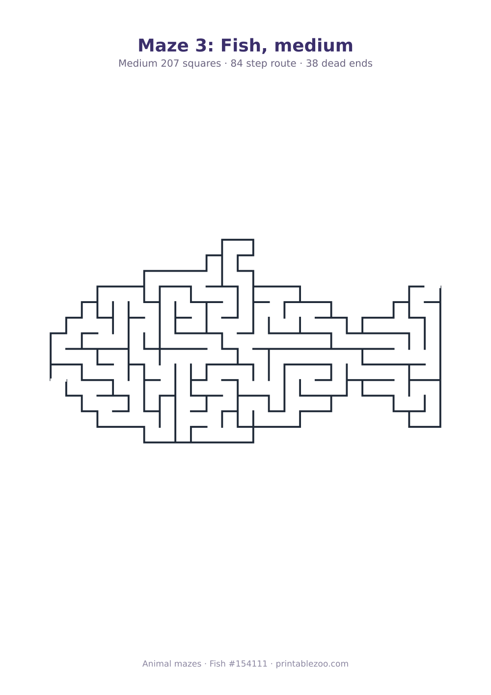 Printable fish shaped maze, 207 squares and 38 dead ends, puzzle 154111