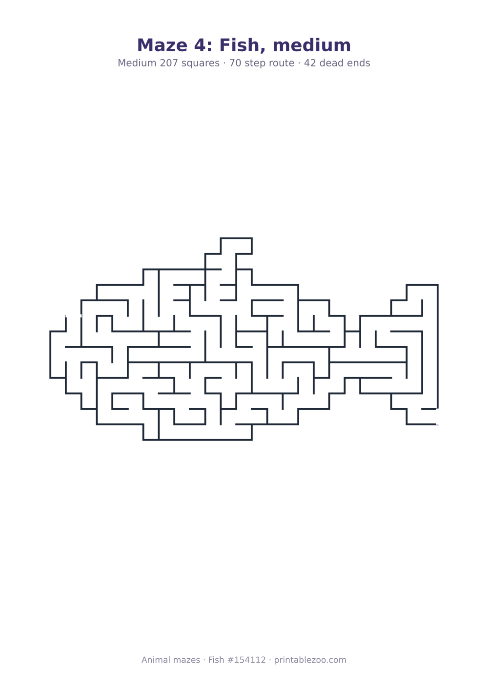 Printable fish shaped maze, 207 squares and 42 dead ends, puzzle 154112