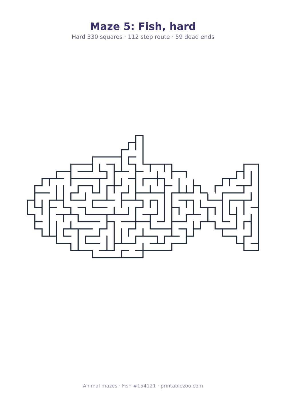 Printable fish shaped maze, 330 squares and 59 dead ends, puzzle 154121