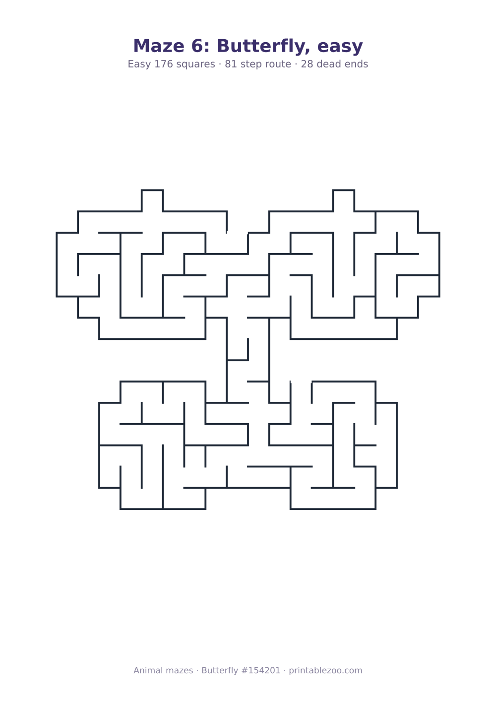 Printable butterfly shaped maze, 176 squares and 28 dead ends, puzzle 154201