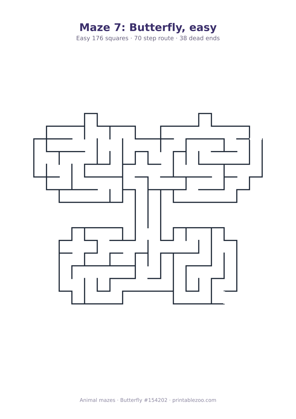 Printable butterfly shaped maze, 176 squares and 38 dead ends, puzzle 154202