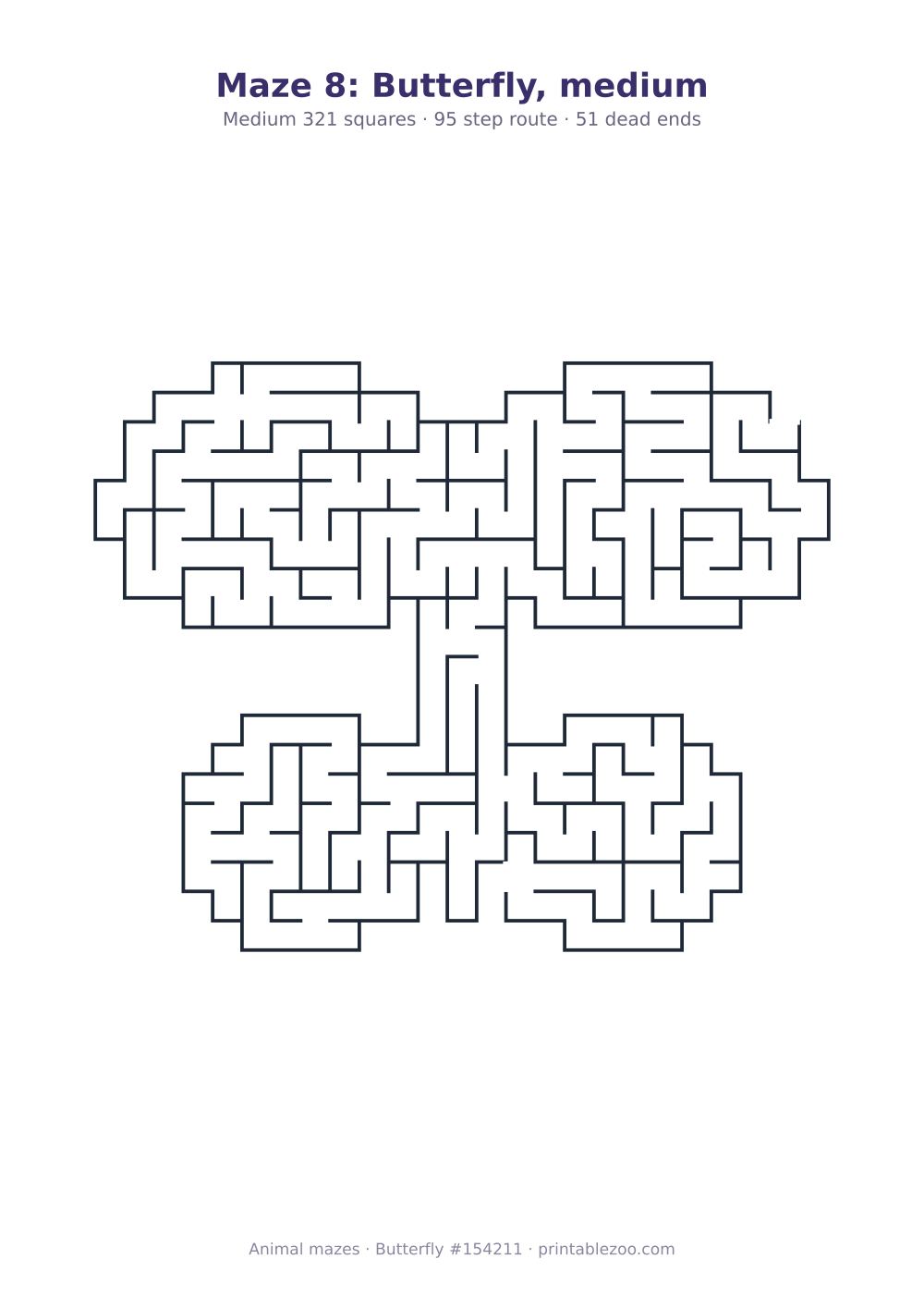 Printable butterfly shaped maze, 321 squares and 51 dead ends, puzzle 154211