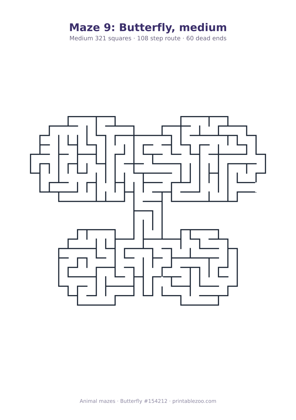 Printable butterfly shaped maze, 321 squares and 60 dead ends, puzzle 154212