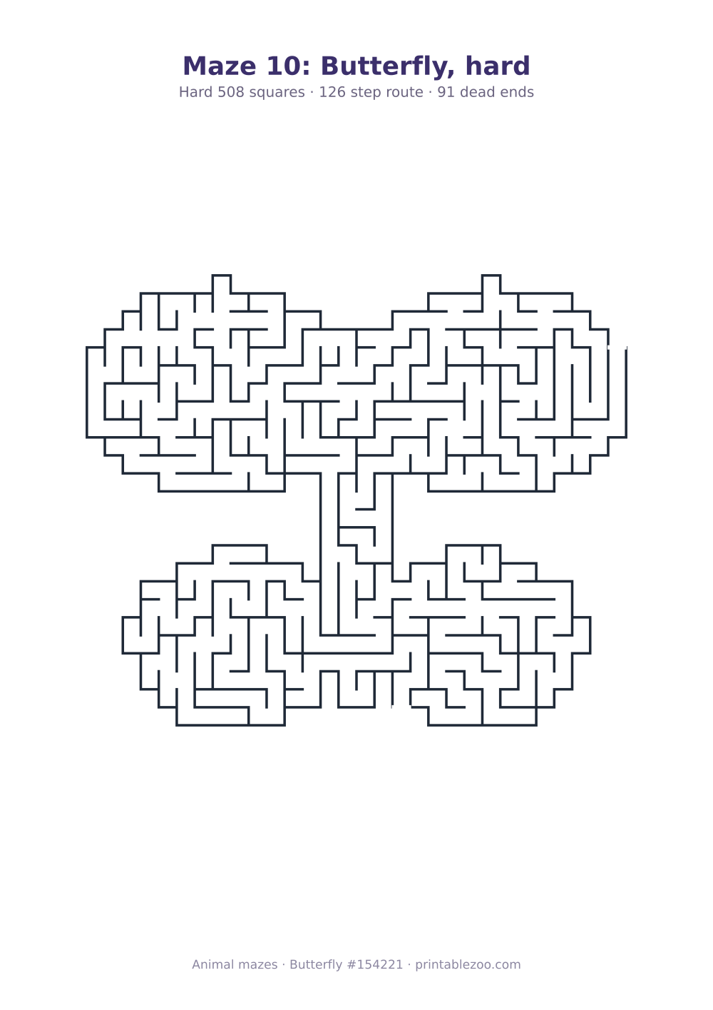 Printable butterfly shaped maze, 508 squares and 91 dead ends, puzzle 154221