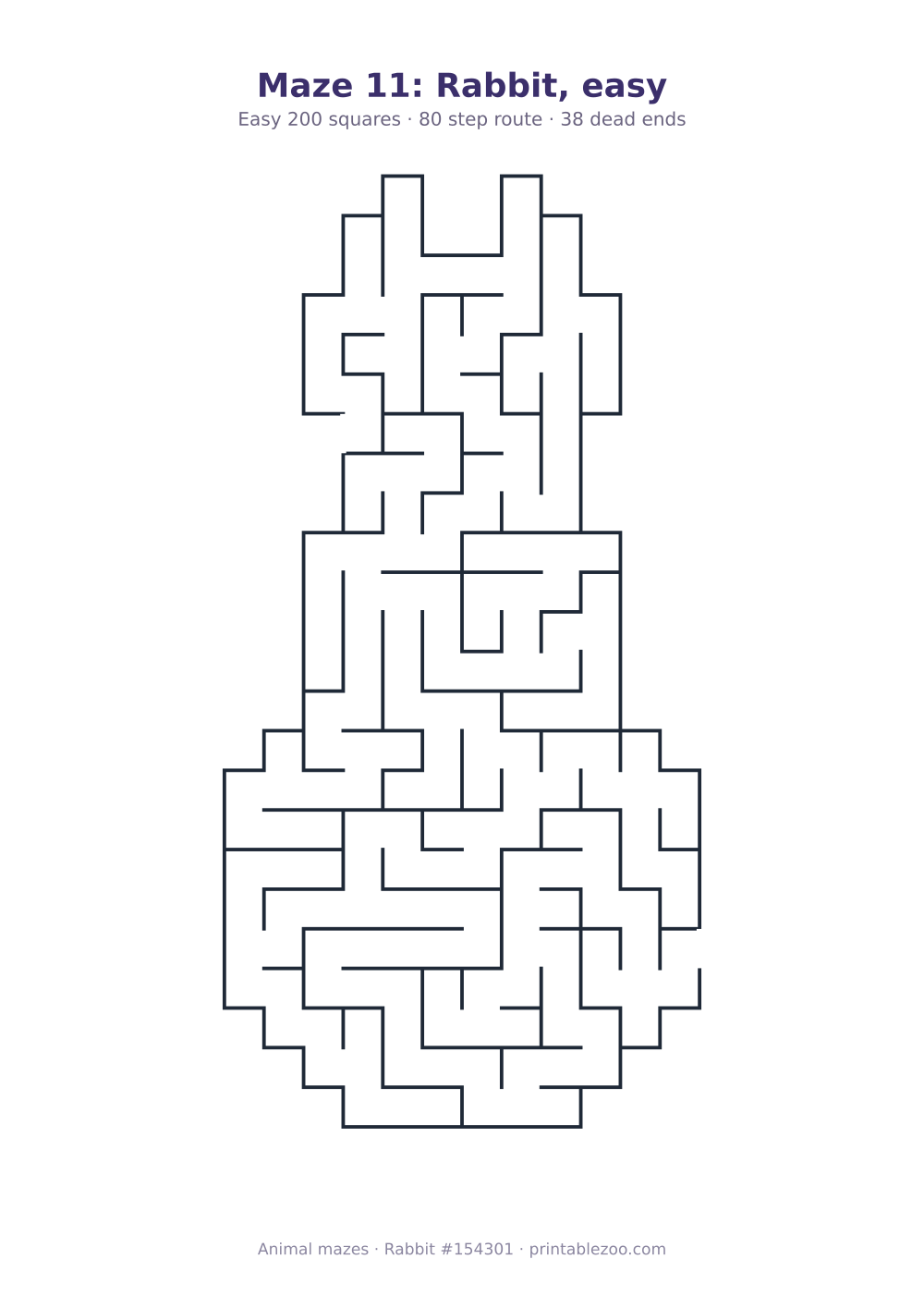 Printable rabbit shaped maze, 200 squares and 38 dead ends, puzzle 154301