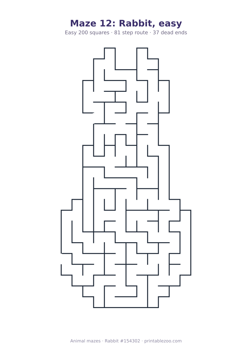Printable rabbit shaped maze, 200 squares and 37 dead ends, puzzle 154302