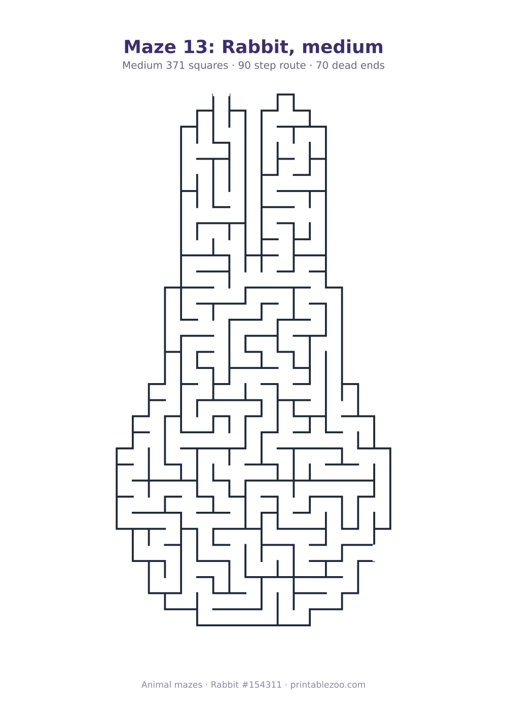 Printable rabbit shaped maze, 371 squares and 70 dead ends, puzzle 154311