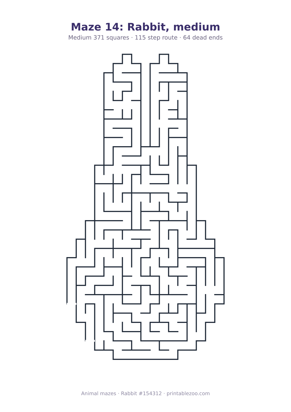 Printable rabbit shaped maze, 371 squares and 64 dead ends, puzzle 154312
