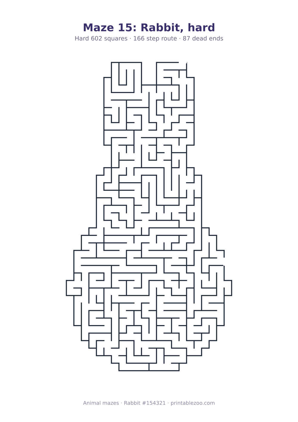 Printable rabbit shaped maze, 602 squares and 87 dead ends, puzzle 154321