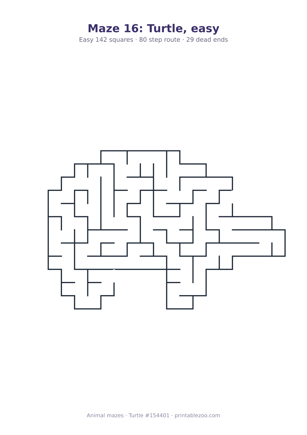 Printable turtle shaped maze, 142 squares and 29 dead ends, puzzle 154401
