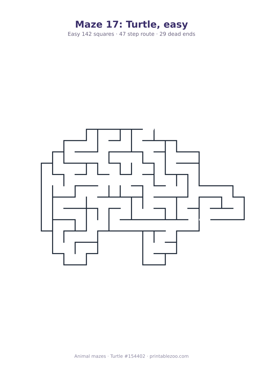 Printable turtle shaped maze, 142 squares and 29 dead ends, puzzle 154402