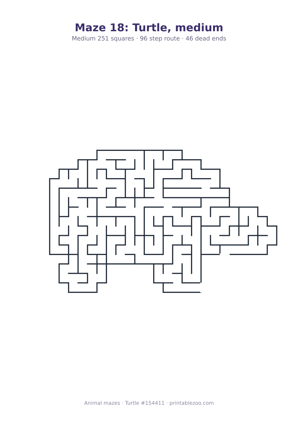 Printable turtle shaped maze, 251 squares and 46 dead ends, puzzle 154411