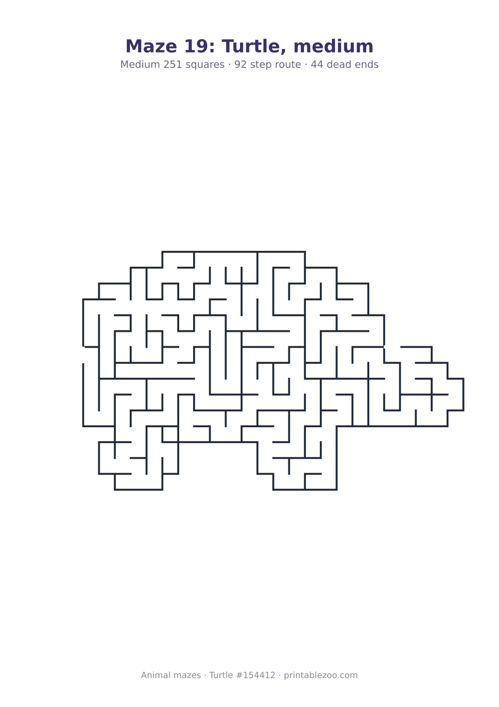 Printable turtle shaped maze, 251 squares and 44 dead ends, puzzle 154412