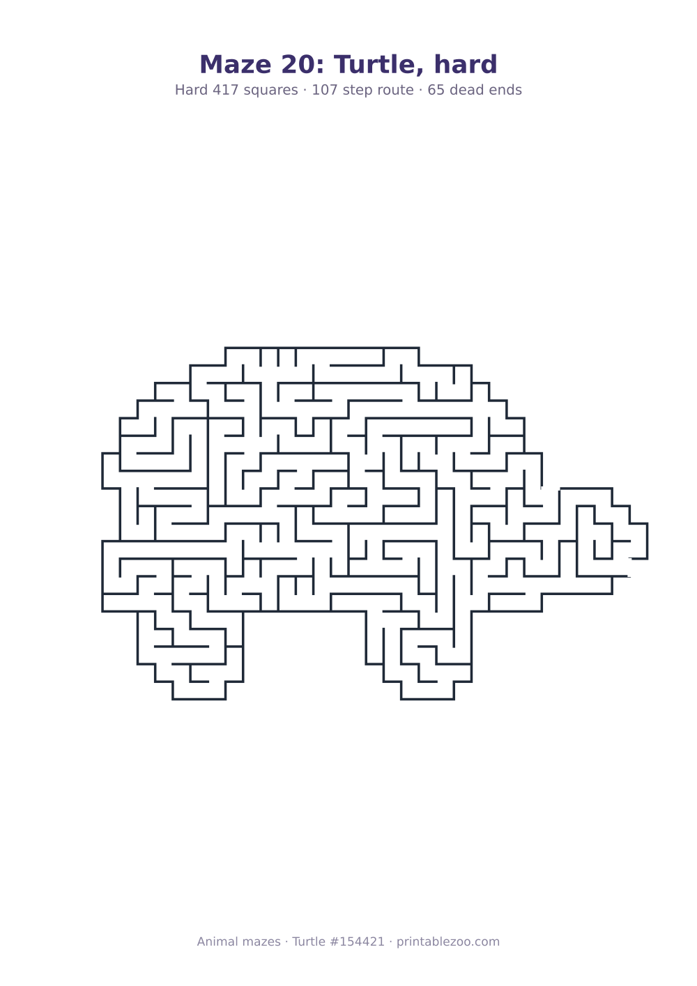 Printable turtle shaped maze, 417 squares and 65 dead ends, puzzle 154421