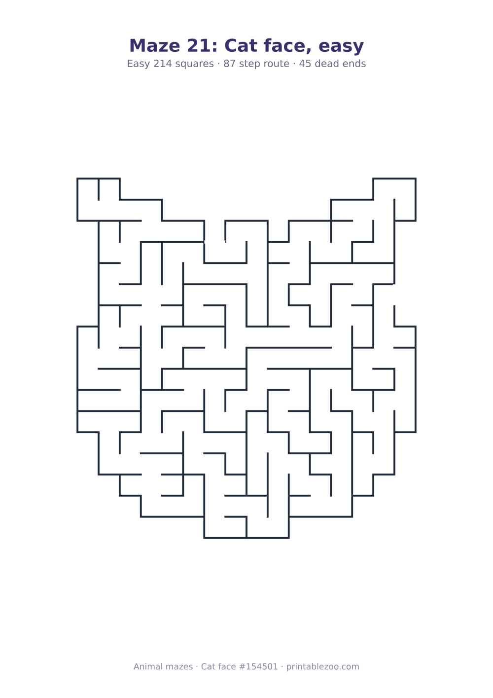 Printable cat face shaped maze, 214 squares and 45 dead ends, puzzle 154501