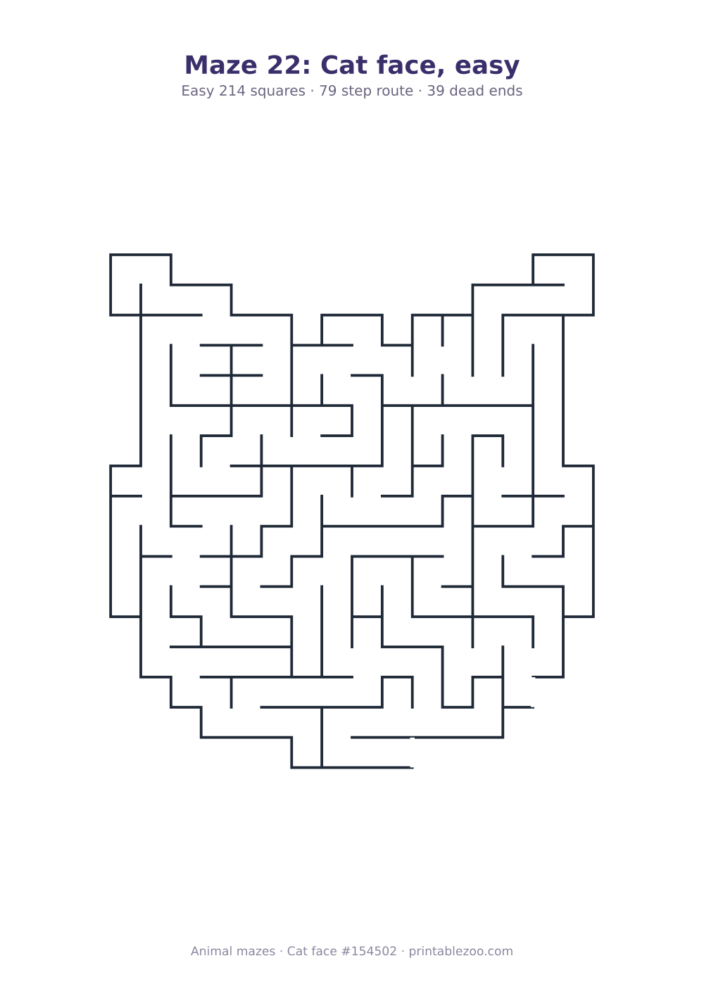 Printable cat face shaped maze, 214 squares and 39 dead ends, puzzle 154502