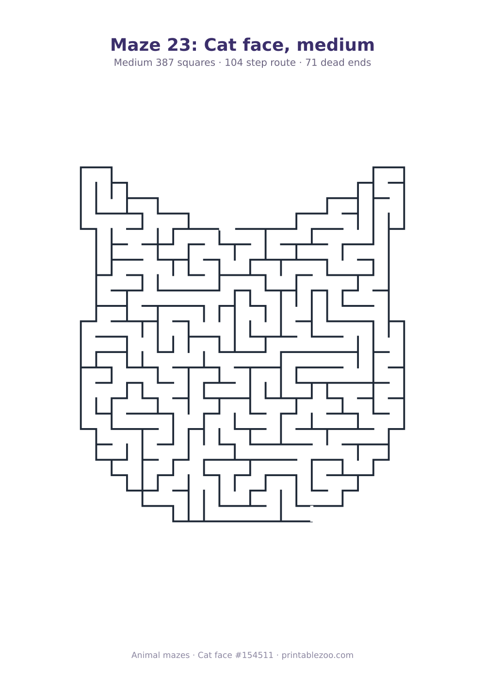 Printable cat face shaped maze, 387 squares and 71 dead ends, puzzle 154511