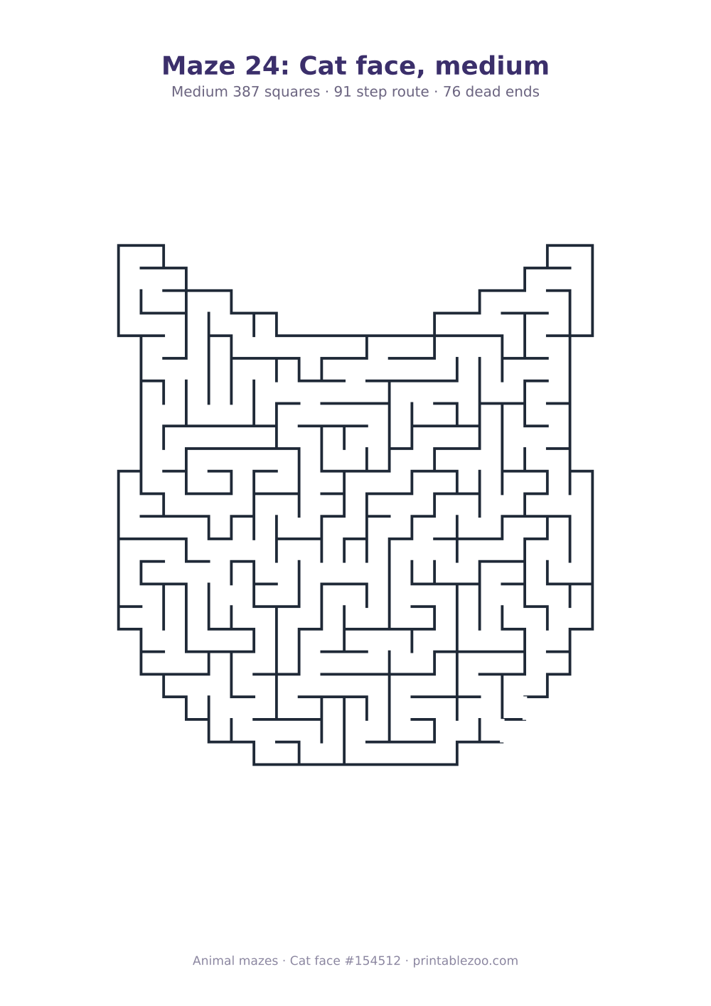Printable cat face shaped maze, 387 squares and 76 dead ends, puzzle 154512