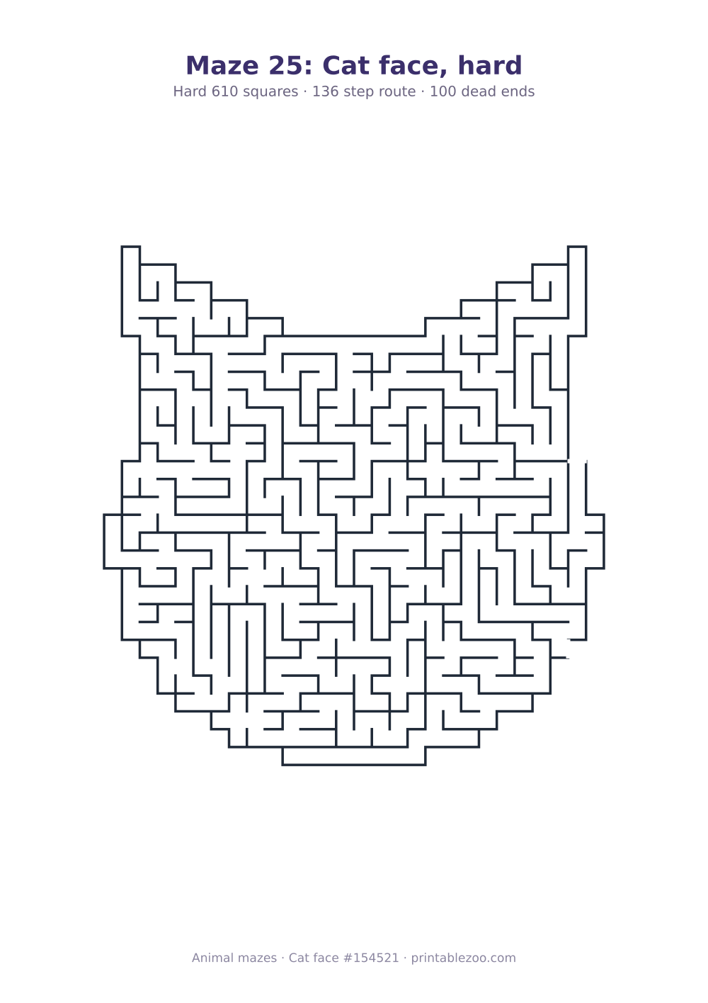 Printable cat face shaped maze, 610 squares and 100 dead ends, puzzle 154521