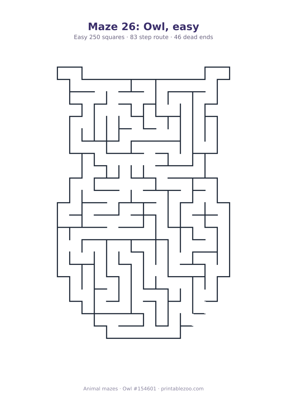 Printable owl shaped maze, 250 squares and 46 dead ends, puzzle 154601