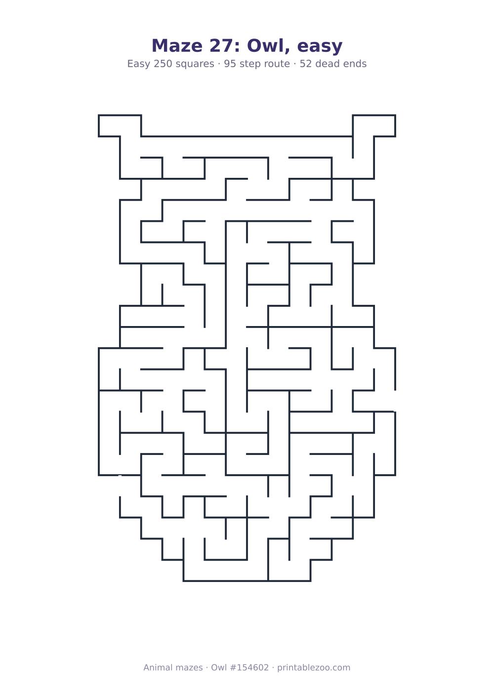 Printable owl shaped maze, 250 squares and 52 dead ends, puzzle 154602