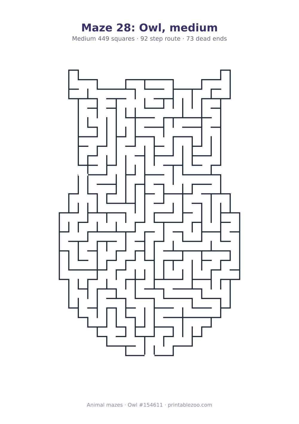 Printable owl shaped maze, 449 squares and 73 dead ends, puzzle 154611