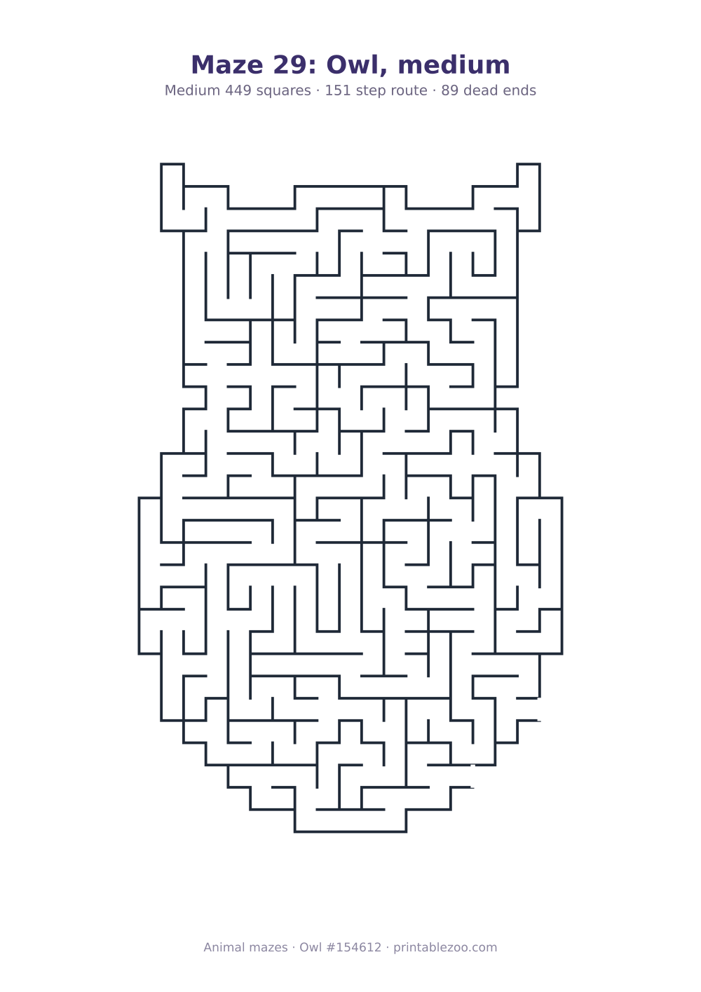 Printable owl shaped maze, 449 squares and 89 dead ends, puzzle 154612