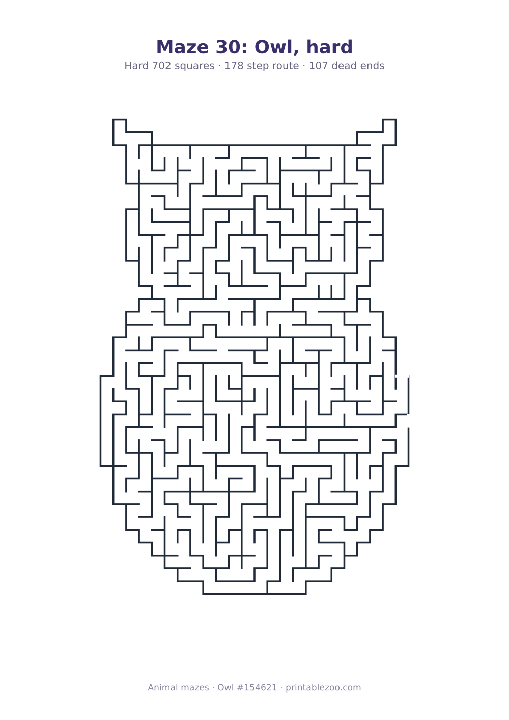 Printable owl shaped maze, 702 squares and 107 dead ends, puzzle 154621