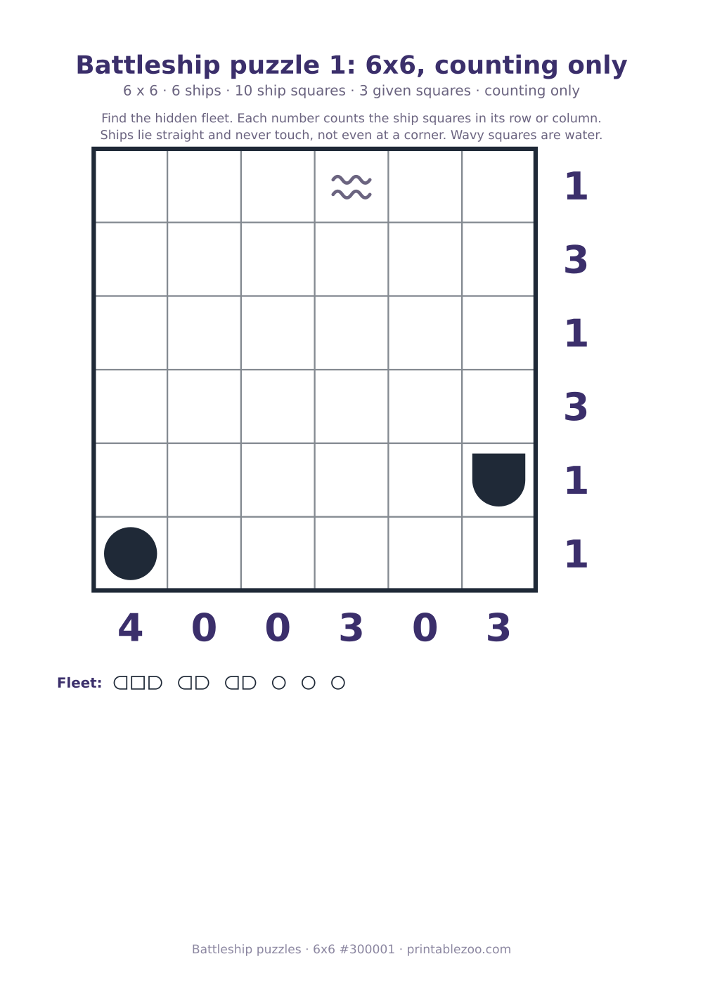 Printable battleship puzzle, 6x6 grid with 6 ships and 3 given squares, puzzle 300001