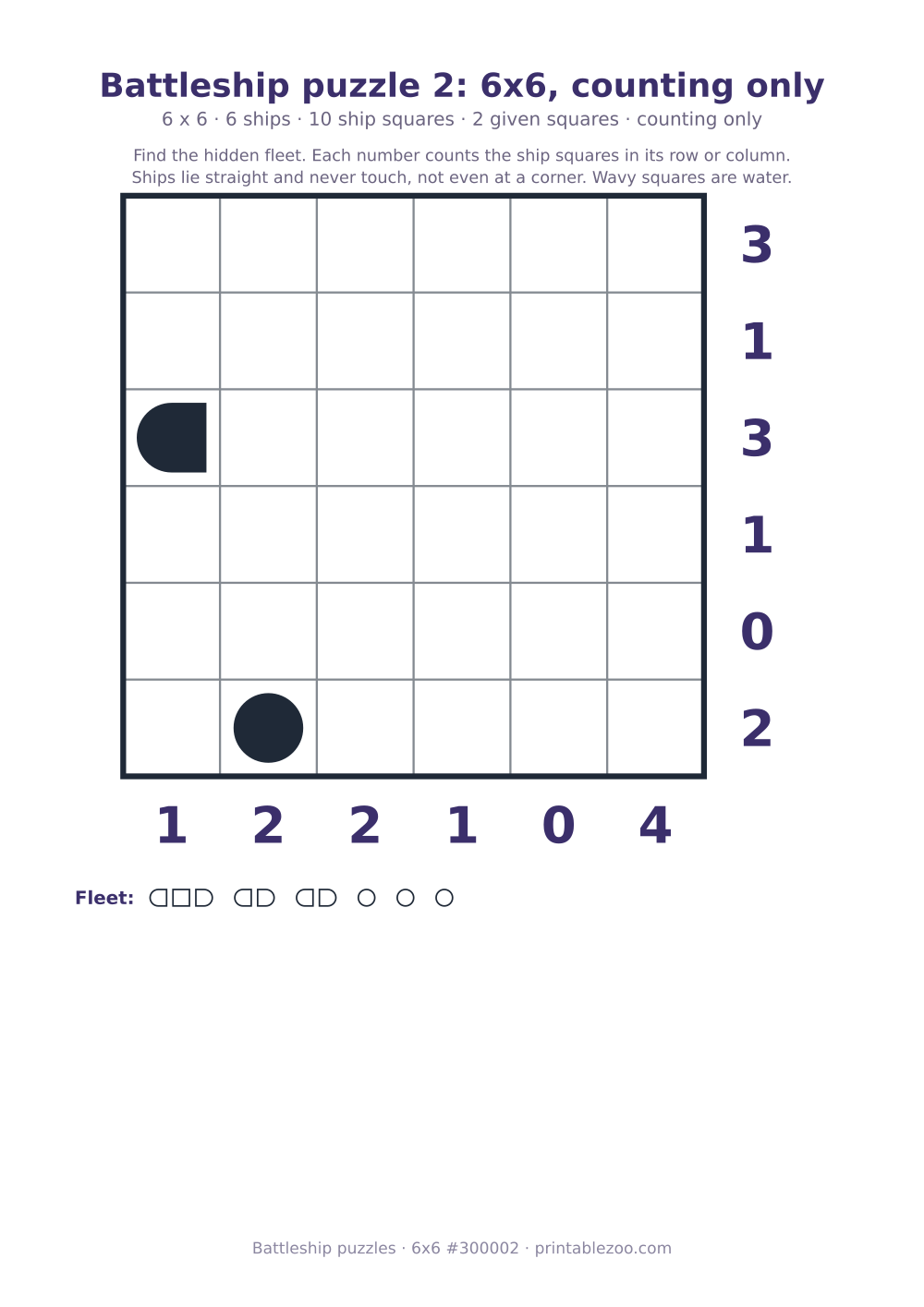 Printable battleship puzzle, 6x6 grid with 6 ships and 2 given squares, puzzle 300002