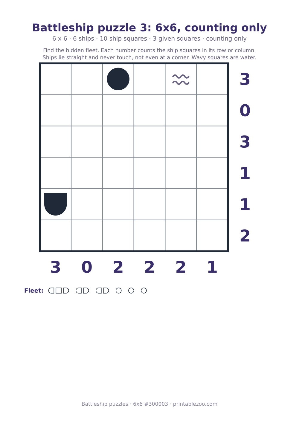 Printable battleship puzzle, 6x6 grid with 6 ships and 3 given squares, puzzle 300003