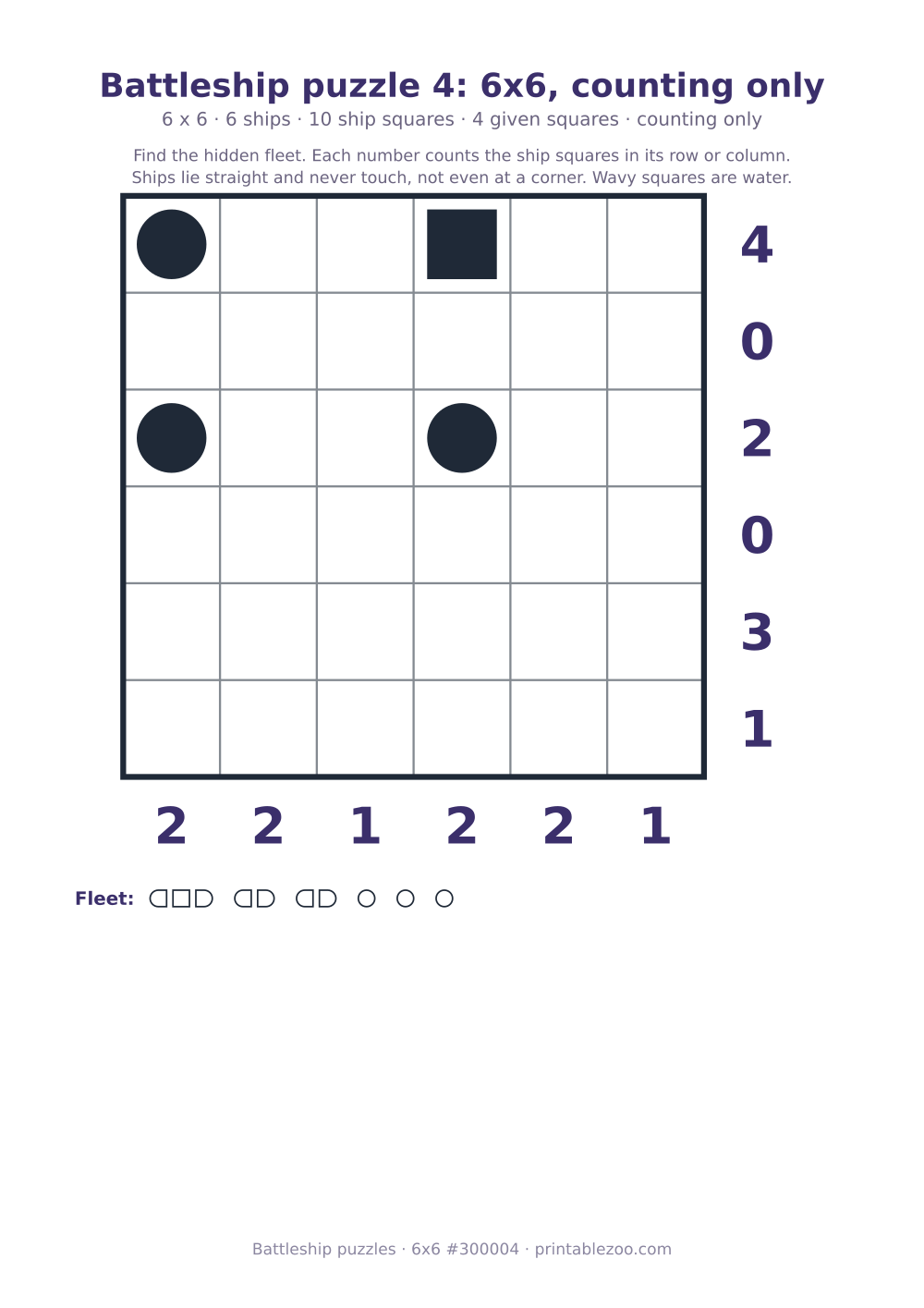 Printable battleship puzzle, 6x6 grid with 6 ships and 4 given squares, puzzle 300004