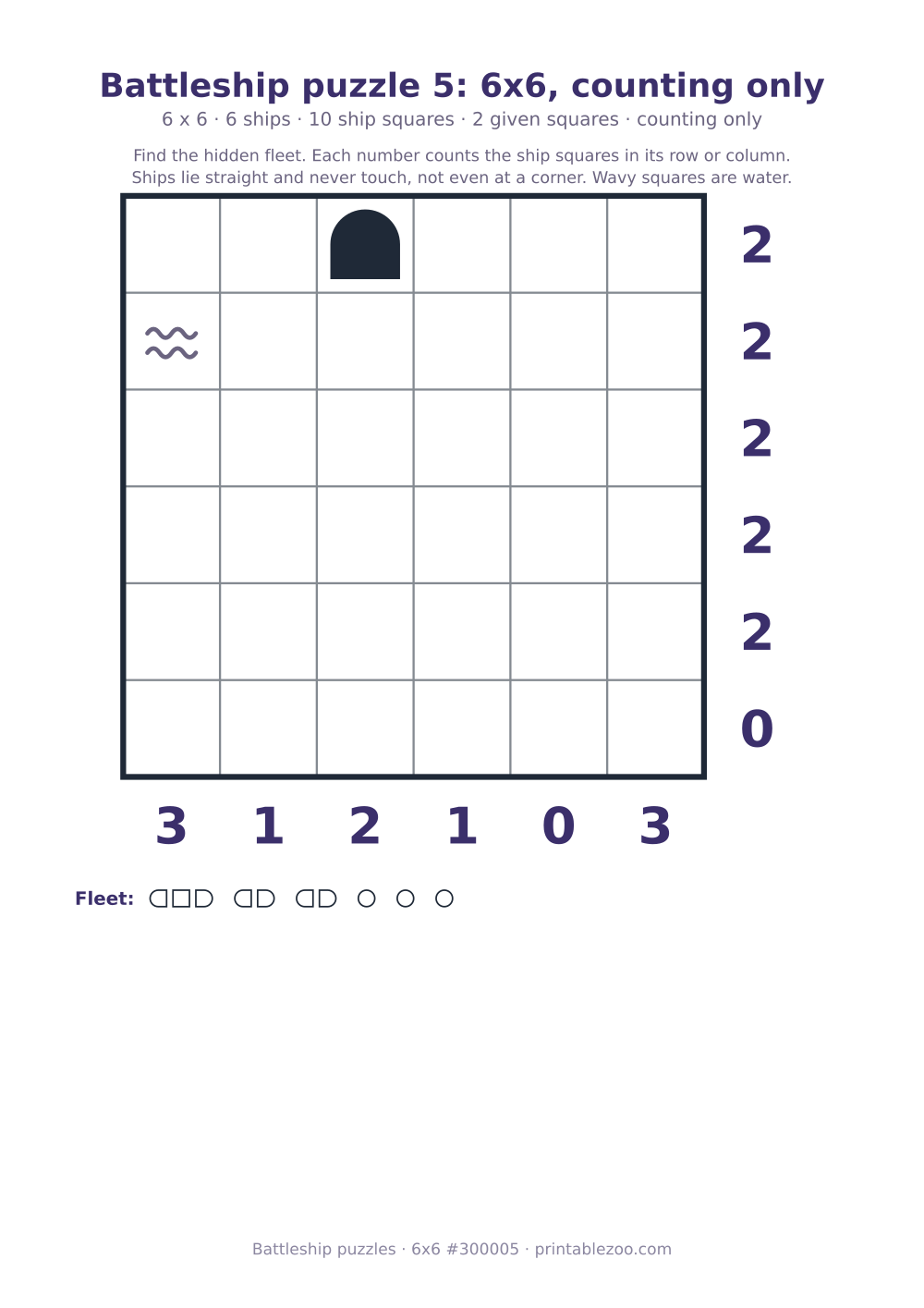 Printable battleship puzzle, 6x6 grid with 6 ships and 2 given squares, puzzle 300005