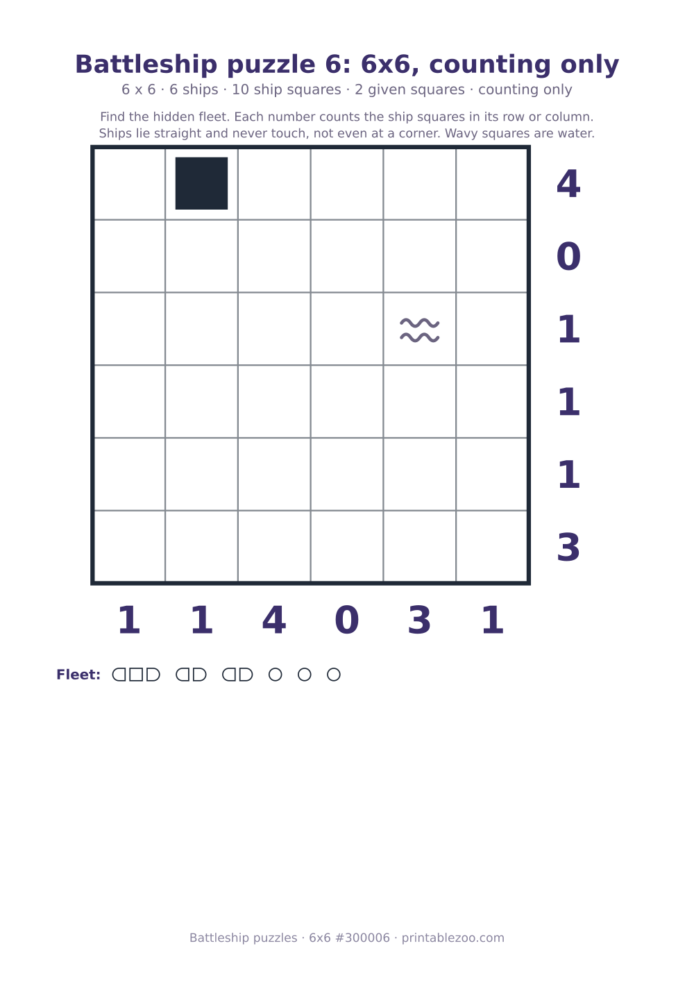 Printable battleship puzzle, 6x6 grid with 6 ships and 2 given squares, puzzle 300006