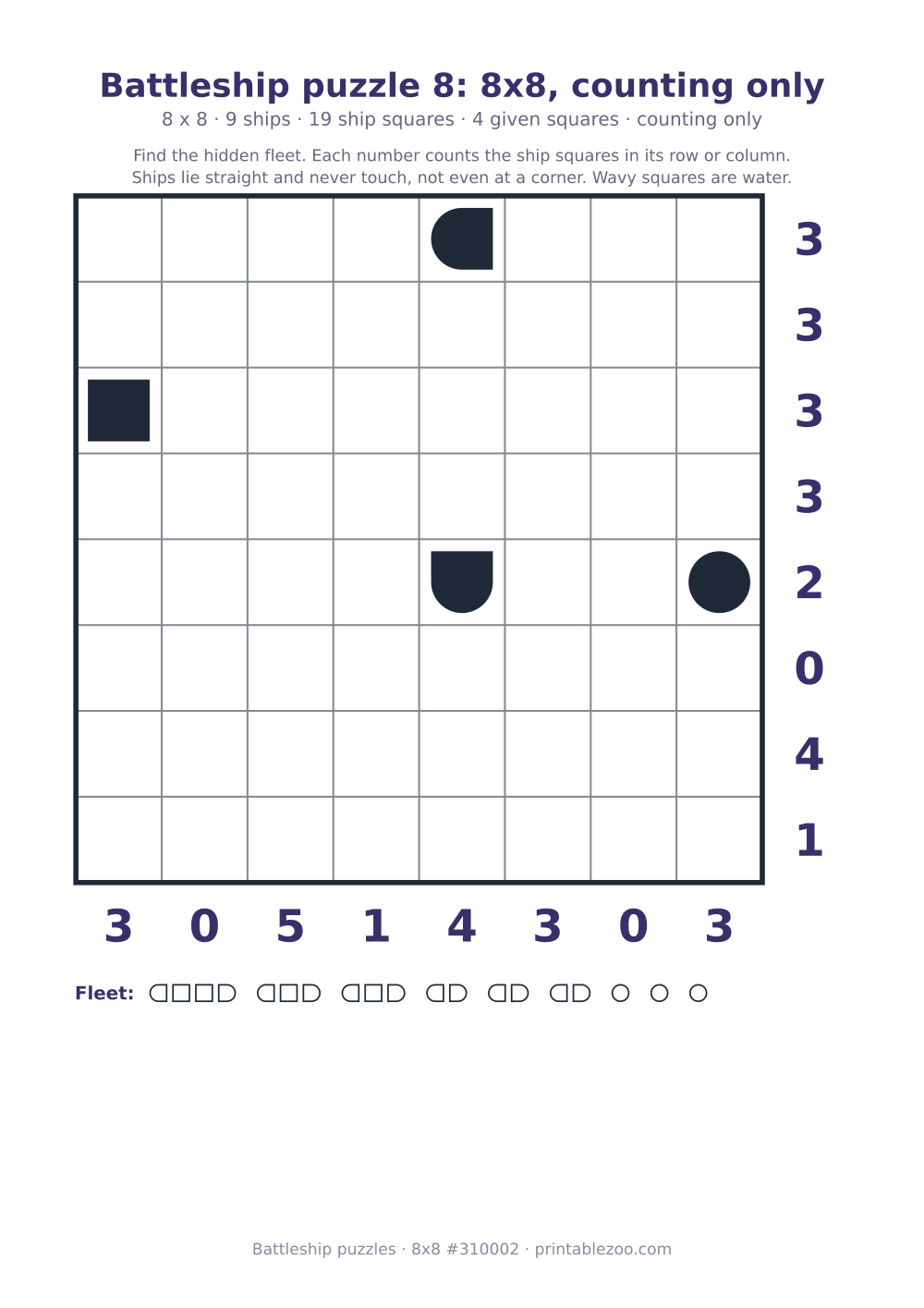 Printable battleship puzzle, 8x8 grid with 9 ships and 4 given squares, puzzle 310002