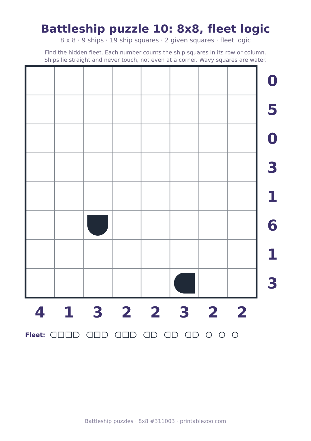 Printable battleship puzzle, 8x8 grid with 9 ships and 2 given squares, puzzle 311003