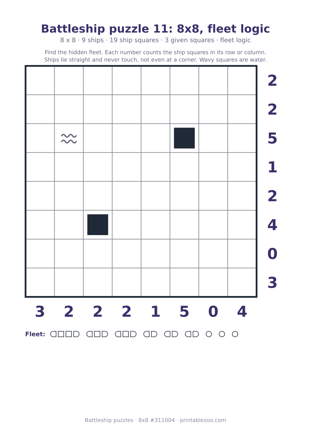 Printable battleship puzzle, 8x8 grid with 9 ships and 3 given squares, puzzle 311004