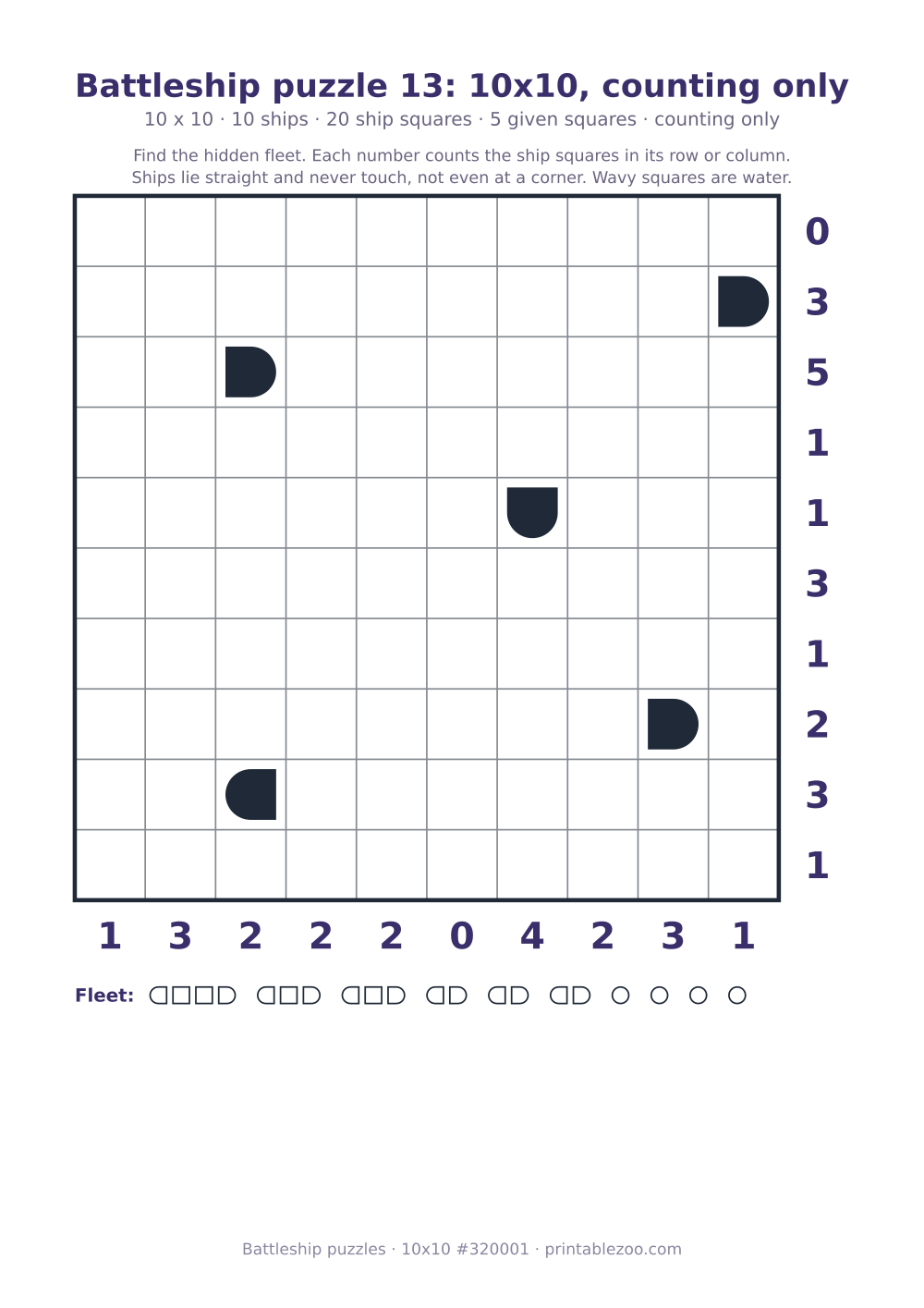 Printable battleship puzzle, 10x10 grid with 10 ships and 5 given squares, puzzle 320001