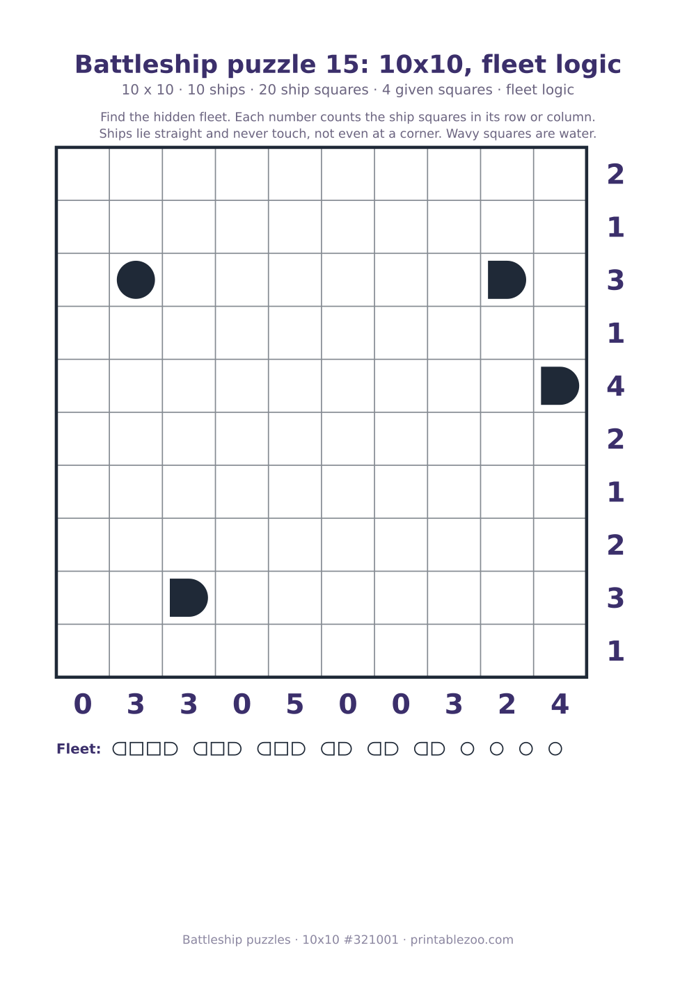 Printable battleship puzzle, 10x10 grid with 10 ships and 4 given squares, puzzle 321001