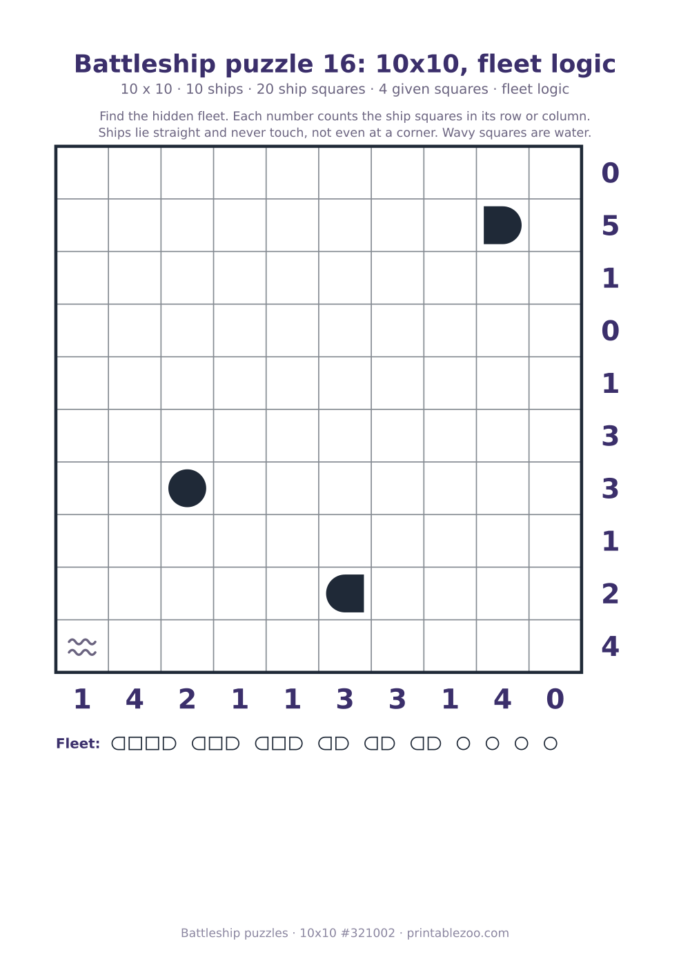 Printable battleship puzzle, 10x10 grid with 10 ships and 4 given squares, puzzle 321002