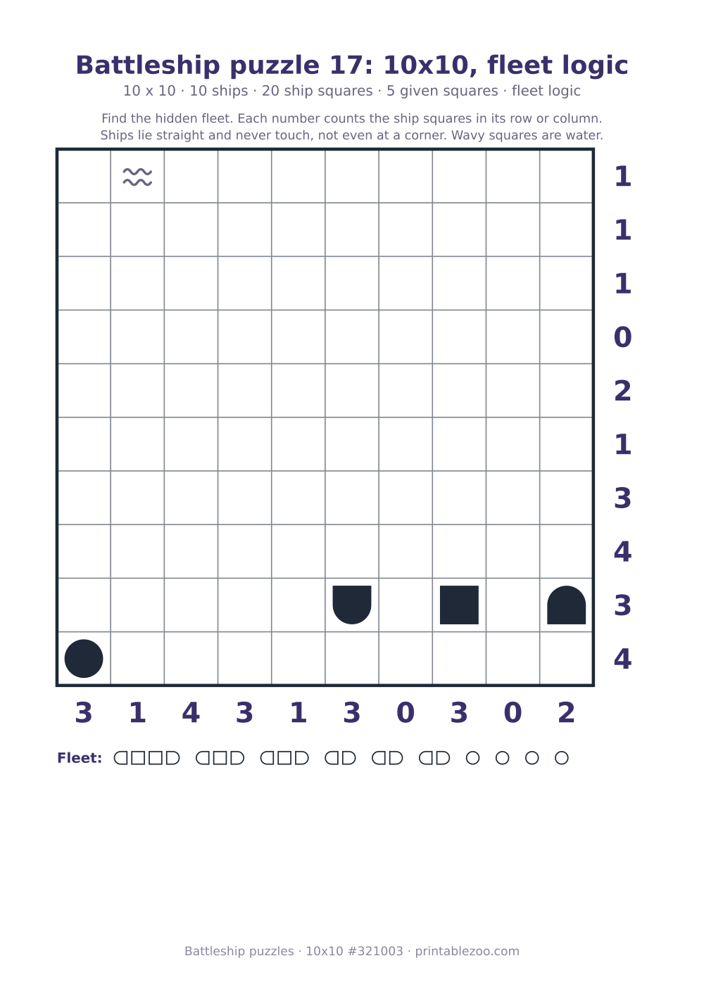 Printable battleship puzzle, 10x10 grid with 10 ships and 5 given squares, puzzle 321003