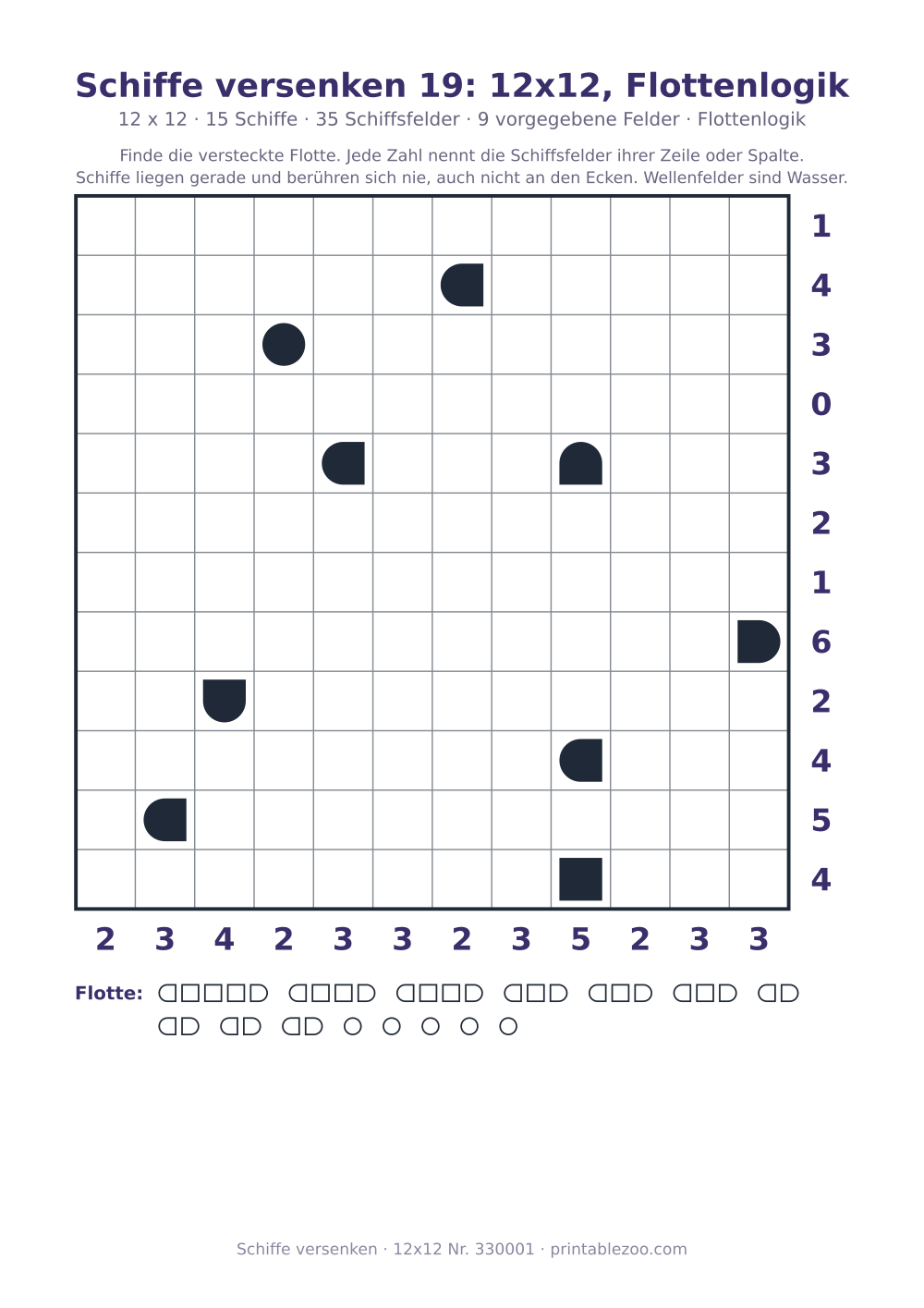 Schiffe-versenken-Rätsel zum Ausdrucken, Raster 12x12 mit 15 Schiffen, 9 vorgegebene Felder, Rätsel 330001