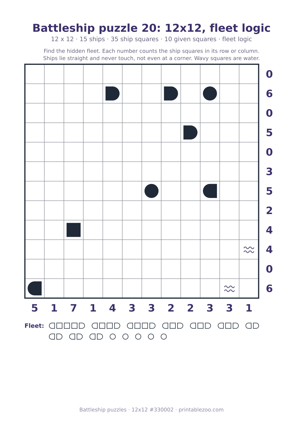 Printable battleship puzzle, 12x12 grid with 15 ships and 10 given squares, puzzle 330002
